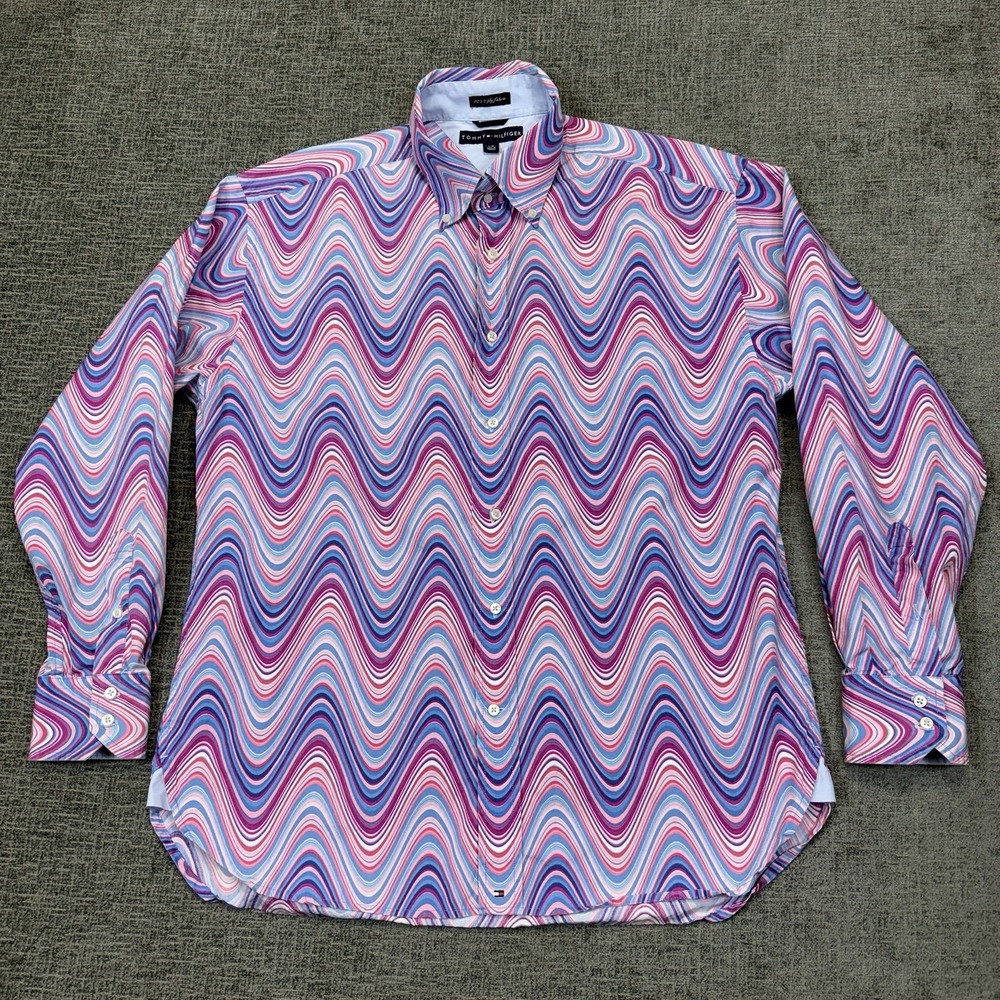 VTG‎ Tommy Hilfiger Button Down Shirt Mens L Bright Colorful Psychedelic Wavy